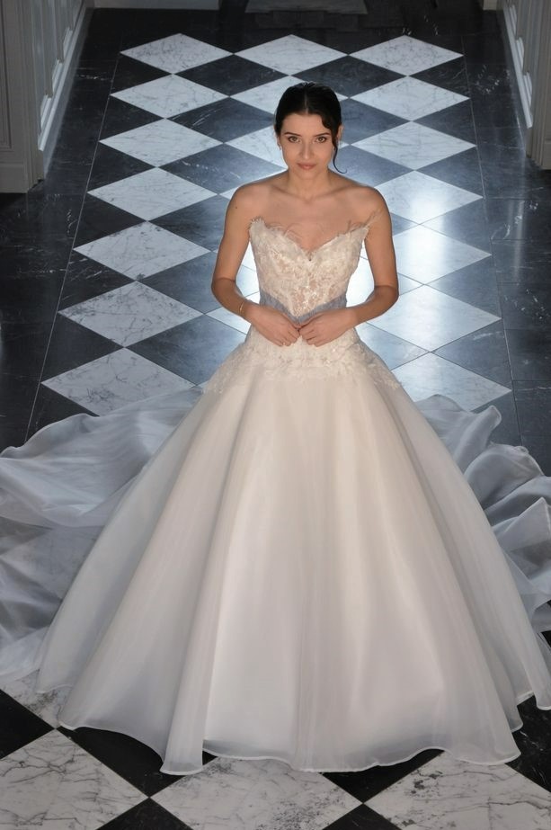 Robe de mariée forme princesse, longue traine