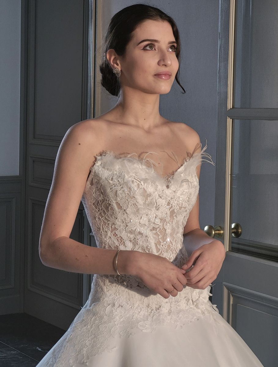 Robe de mariée forme princesse, longue traine